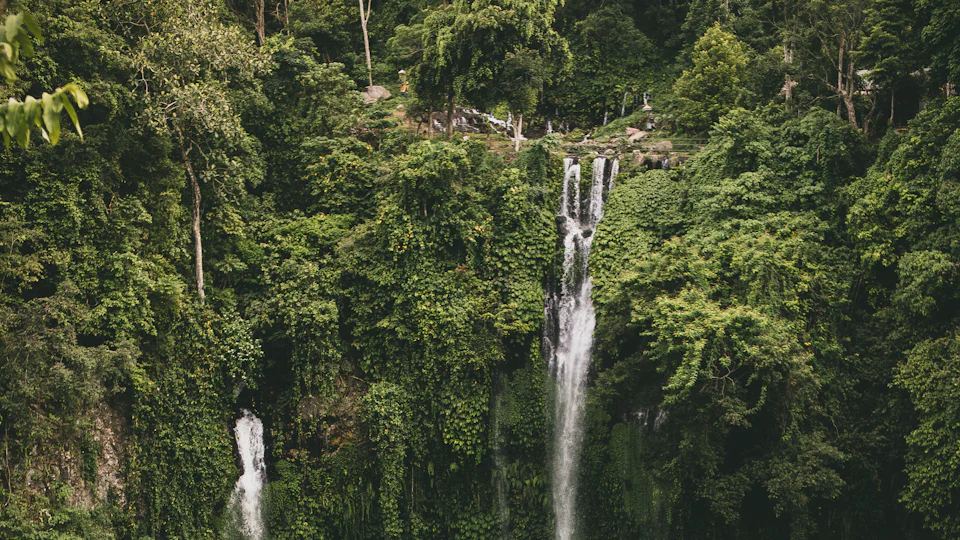 Tall waterfall cascading through dense Bali jungle