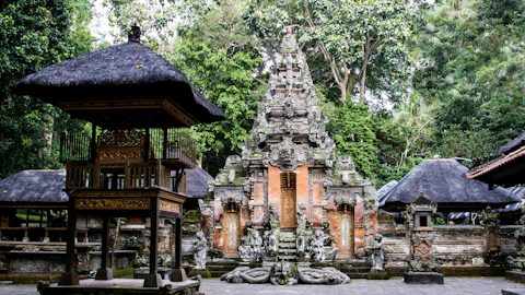 Balinese water temple reflected in a still lake