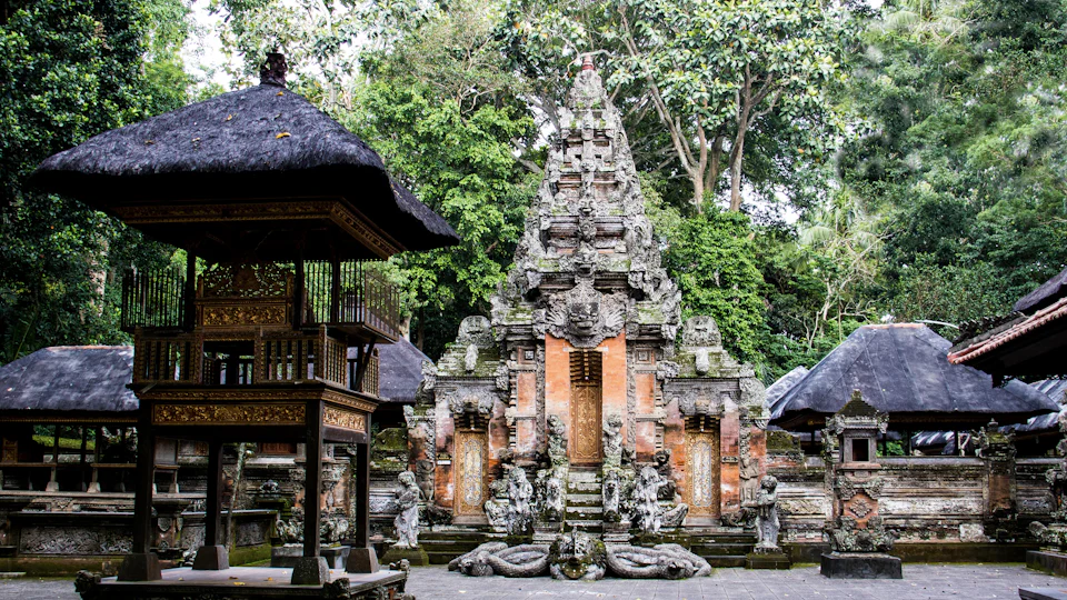 Balinese water temple reflected in a still lake