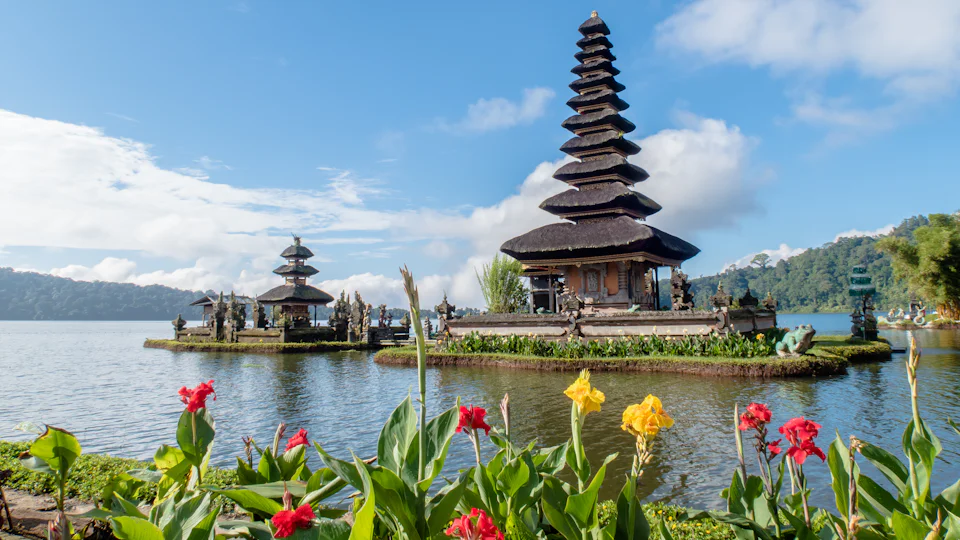 Balinese water temple reflected in a lake