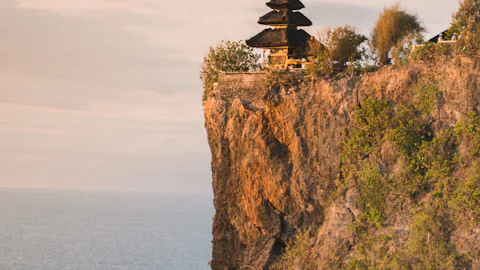 Cliff-top temple above the ocean at Uluwatu, Bali, at sunset